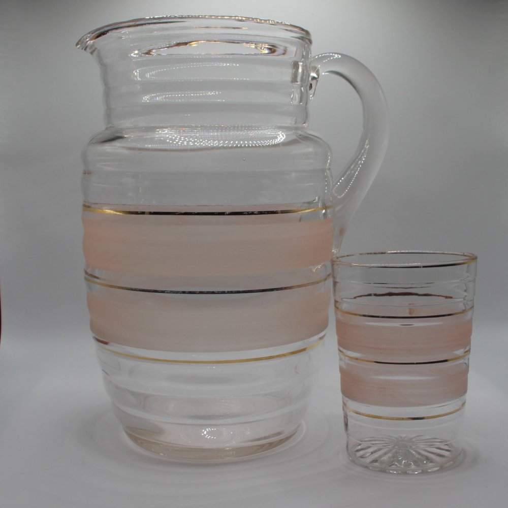 Gold Embossed Pink Glass Pitcher and Cup Set